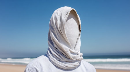 Muslim woman wearing niqab at the beach on a sunny dayの素材