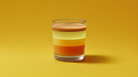 glass of orange juice on a yellow background. 3d rendering.の素材