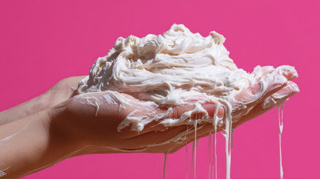 Washing hands with white whipped cream on pink background, closeupの素材