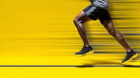 Athlete's legs running on a yellow background with motion blurの素材