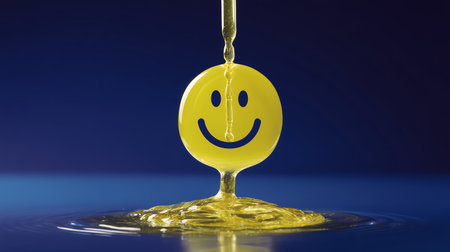 Falling yellow smiley face drop on blue background. 3D renderingの素材