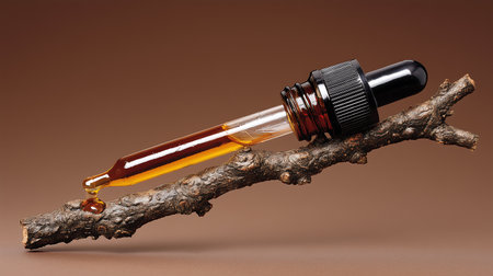 Essential oil in a glass bottle on a branch with a dropperの素材
