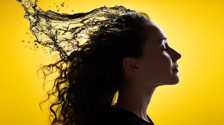 Beautiful young woman with flowing hair and water splash on yellow backgroundの素材