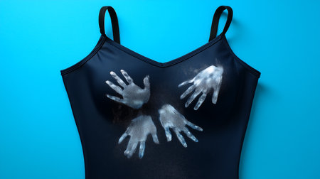 Protective mask with hand prints on a blue background. 3d renderingの素材
