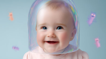 Cute baby girl in a pink dress on a blue background, 3d renderingの素材