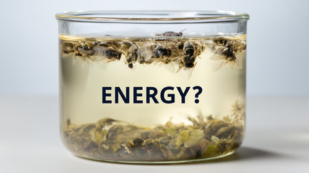 A glass jar full of honey and bees with the word ENERGYの素材