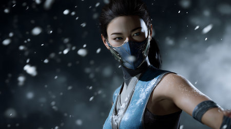 Beautiful asian woman wearing protective mask over dark background with snowの素材