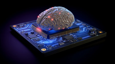 3d illustration of human brain and computer circuit board on black backgroundの素材