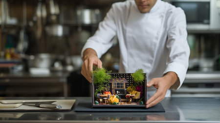 Cropped image of male chef using digital tablet at counter in restaurantの素材