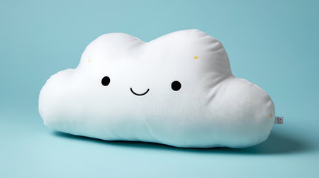 Cute cloud with smiley face on blue background, 3d illustrationの素材