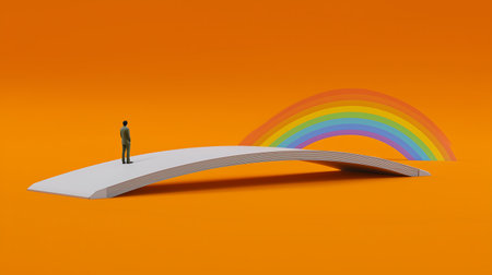 Businessman standing on a bridge over a rainbow. 3D illustration.の素材