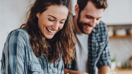selective focus of happy couple looking at each other while cooking together in kitchenの素材