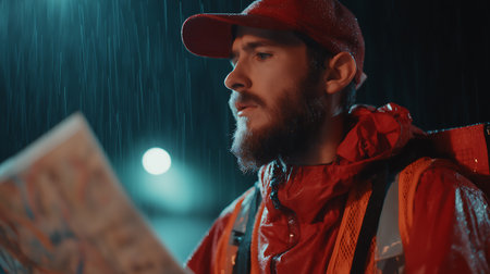 Portrait of a bearded man in a red jacket and a cap with a map in the rain.の素材