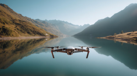 drone flying over mountain lake. 3d render illustration with copy spaceの素材