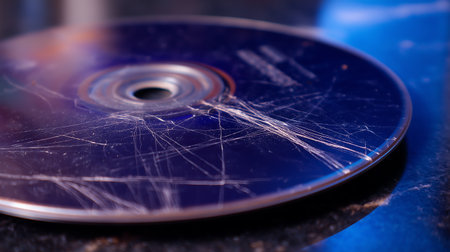 close-up of a broken compact disk on a dark background.の素材