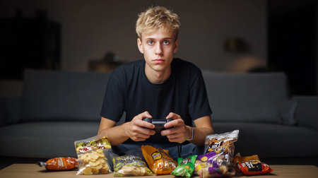 Young man using mobile phone while eating junk food in the evening at homeの素材