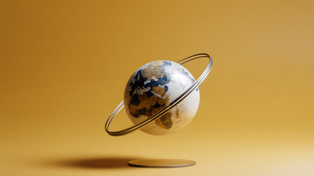 Planet earth in a circle on a yellow background. 3d renderingの素材