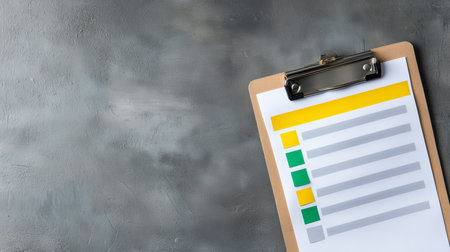 Clipboard with checklist and pen on grey background. Copy spaceの素材