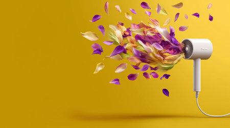 3d rendering of a hair dryer with flying petals on a yellow backgroundの素材