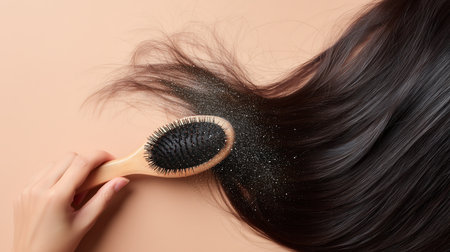 Woman combing her long dark hair on beige background, closeupの素材