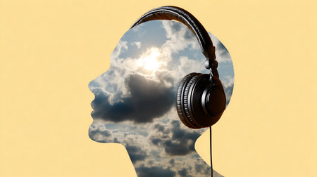 Head with headphones and clouds in the sky. 3D illustration.の素材