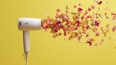 Hair dryer with flying rose petals on yellow background.の素材