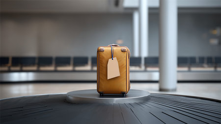 Luggage with tag on luggage conveyor belt. 3D renderingの素材
