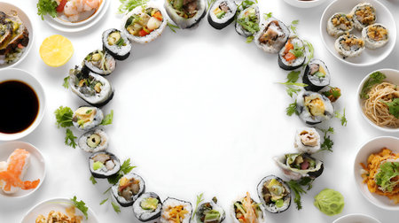 Frame made of delicious sushi on white background, top view. Space for textの素材