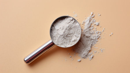 Whey protein powder in scoop on beige background, top viewの素材