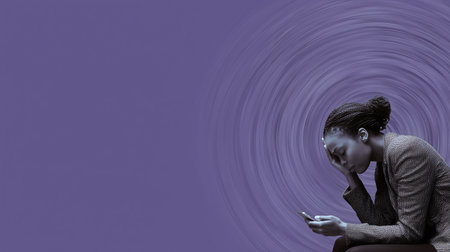 Young african american woman using mobile phone on purple background with copy spaceの素材