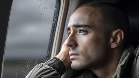 Portrait of a young man in a car with rain drops on his faceの素材