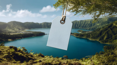 Blank tag hanging on a tree against lake in the middle of mountainsの素材