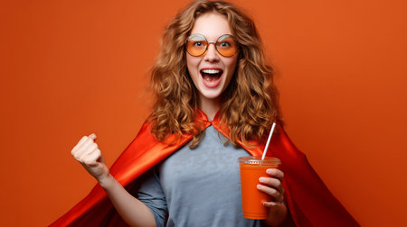 excited young woman in superhero cape and glasses holding paper cup with drink isolated on orangeの素材