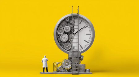 Doctor with clock on yellow background. Time management concept. 3D Renderingの素材