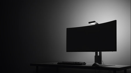 Computer monitor on desk in dark room. 3d render illustration.の素材