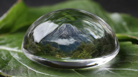 Glass sphere with mountain peak in the background, close-up.の素材