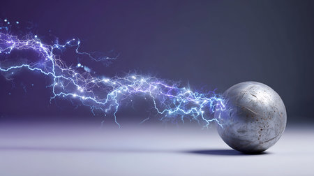 Conceptual image of a ball and lightning in the dark backgroundの素材