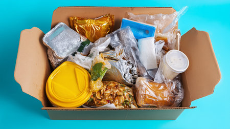 Food waste in a cardboard box on a blue background. Top view.の素材