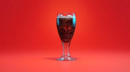 Glass of sparkling water with bubbles on a red background. Copy spaceの素材