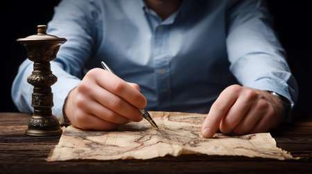 Man's hand writing on old map with fountain pen on wooden tableの素材