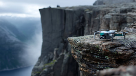 Drone flying over the fjord in Norway. 3d rendering.の素材