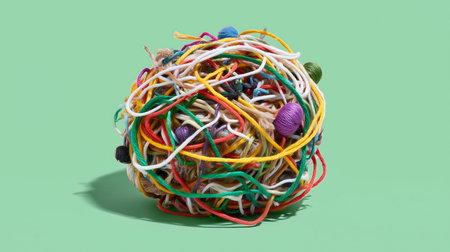 Ball of colorful rubber bands on green background. 3d illustration.の素材