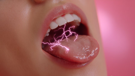 Close-up of woman's mouth with lightning on pink background.の素材