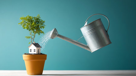 Watering can and plant in pot on blue background. Gardening conceptの素材