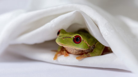Green tree frog on a white bed sheet, close-up.の素材