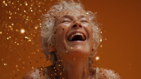 Portrait of happy senior woman with golden confetti on orange backgroundの素材