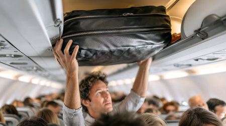 Passengers holding luggage in airplane cabin. Passengers in airplane.の素材