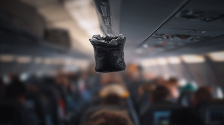 Black bag hanging on the ceiling of a plane with passengers in the backgroundの素材