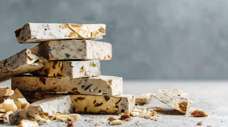 Various types of cheese and nuts on a gray background. Copy space.の素材