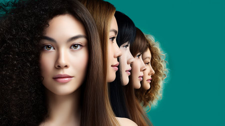 Portrait of three beautiful young women with different hairstyles. Studio shot.の素材